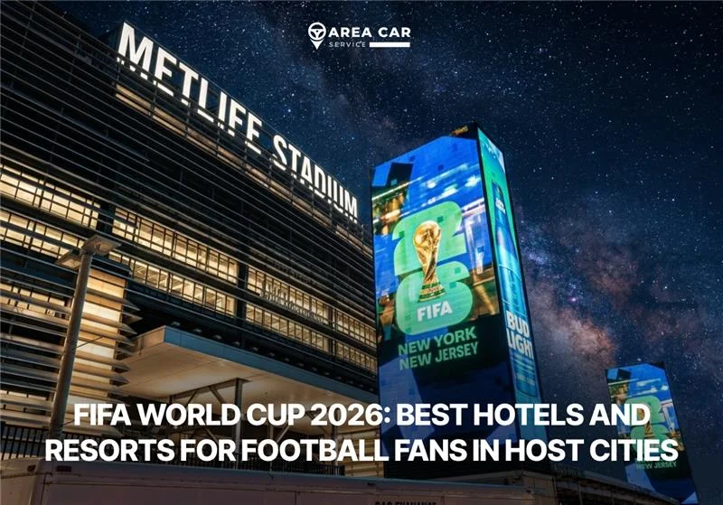 MetLife Stadium at night with FIFA World Cup 2026 branding, showcasing top hotels and resorts for football fans in New York/New Jersey host city.