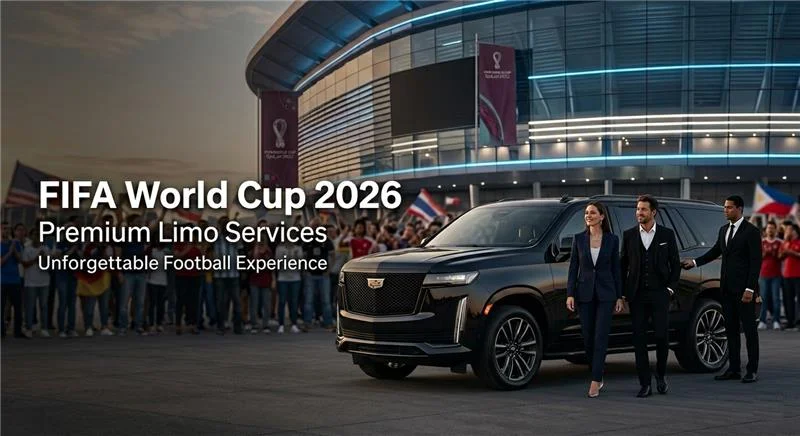 Luxury black SUV with professional chauffeurs outside a stadium during FIFA World Cup 2026, showcasing premium limo services.