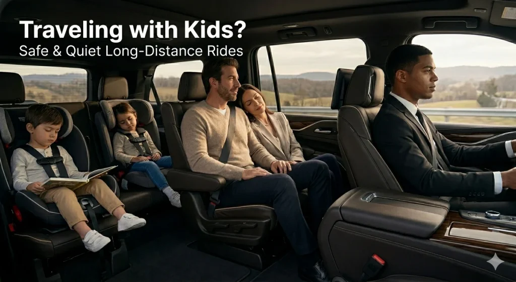 A diverse American family in a modern SUV on a long-distance road trip with a city skyline in the background; a person holds a tablet showing an active InsureMart travel insurance policy.