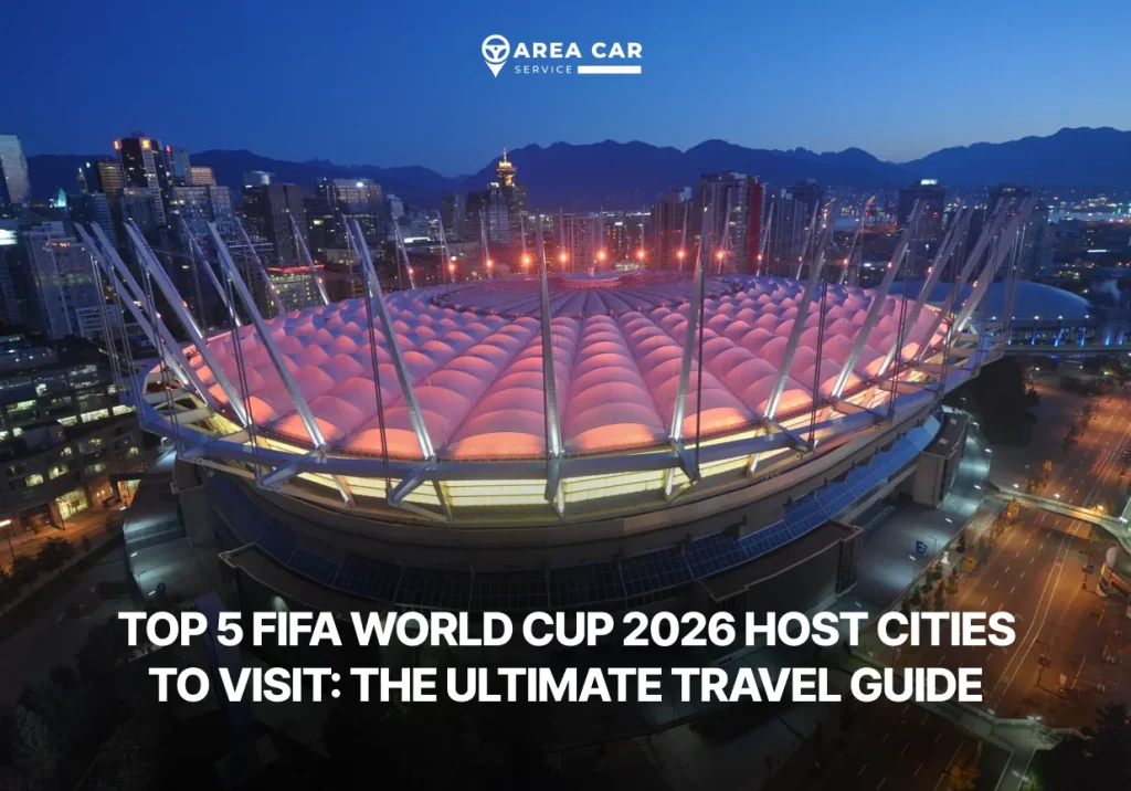FIFA World Cup 2026 host city stadium aerial view at night with illuminated roof and skyline