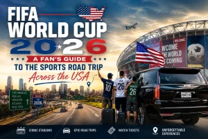 Fans celebrating with USA and Mexico jerseys beside a black SUV on a road trip to FIFA World Cup 2026 host stadiums across the USA, with an airplane in the sky.