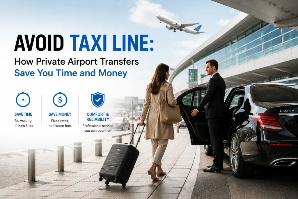 Professional private airport transfer with a chauffeur opening car door for traveler with luggage at airport, emphasizing comfort, reliability, and time-saving.