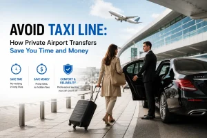 Professional private airport transfer with a chauffeur opening car door for traveler with luggage at airport, emphasizing comfort, reliability, and time-saving.